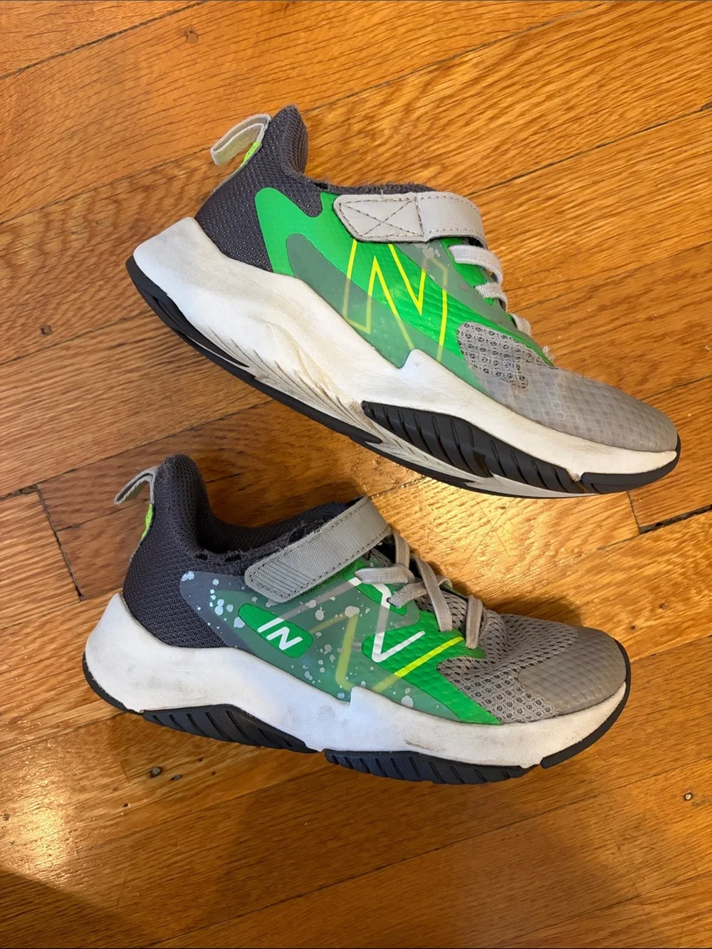 New Balance Kids Gray and Green Velcro Athletic Sneakers